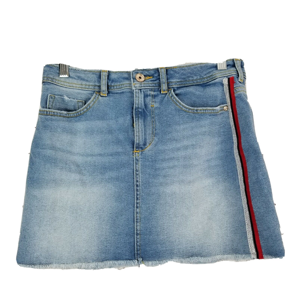 Zara Denim Jean Mini Skirt Medium Pockets Red Silver Stripes Raw Hem Z1975